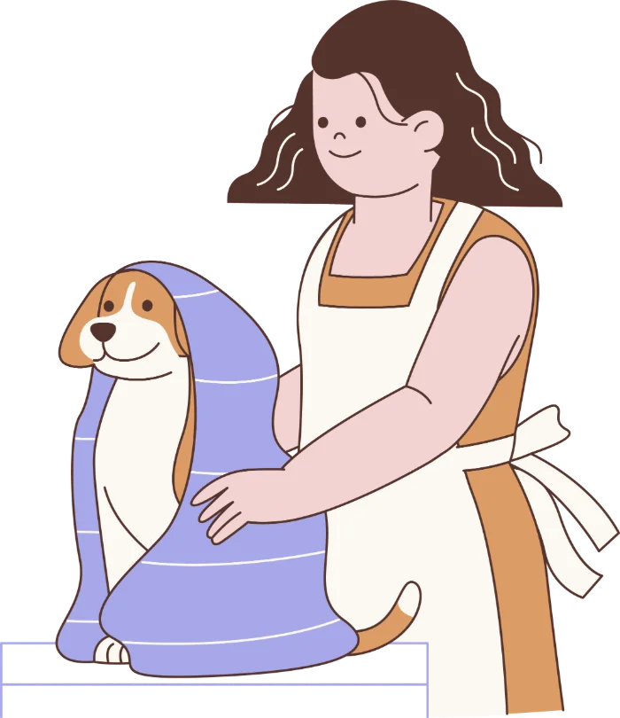 Home image by Pet's Place Grooming Woman drying dog towel illustration